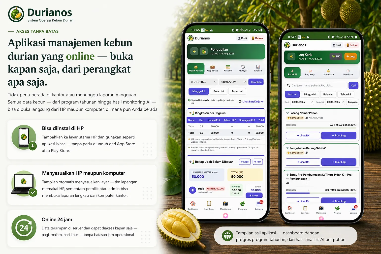 Akses Tanpa Batas — Aplikasi manajemen kebun durian yang online, buka kapan saja dari perangkat apa saja. Bisa diinstal di HP, menyesuaikan HP maupun komputer, online 24 jam.